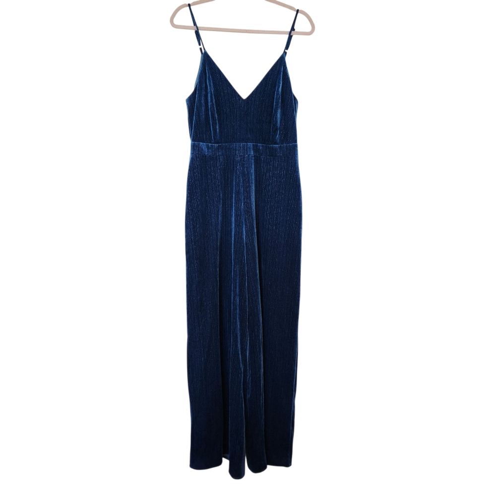 EUC Velvet Navy Metallic Wide Leg Jumpsuit Size M 4SI3NNA